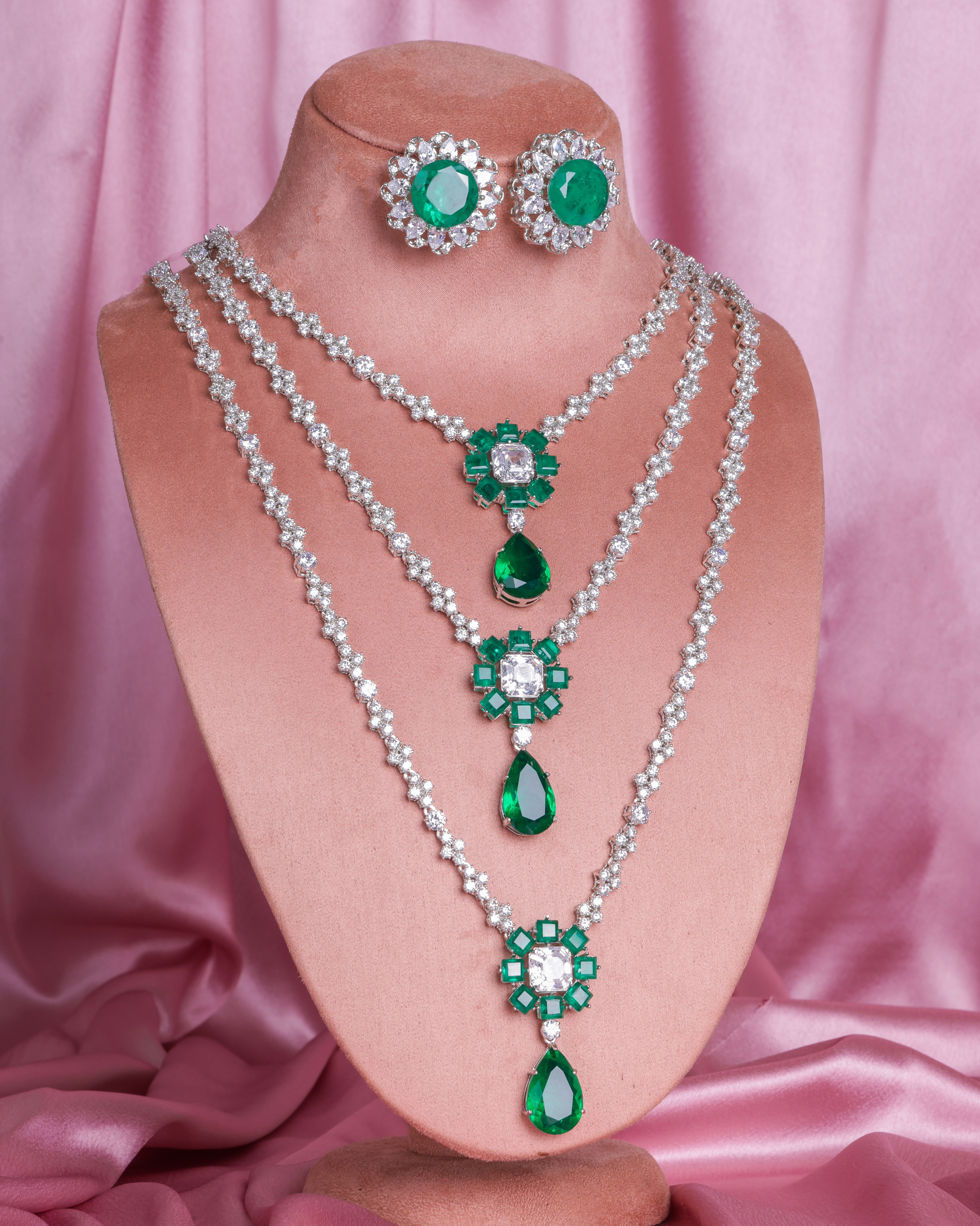 Emerald Flower & Drop Layered Necklace Set