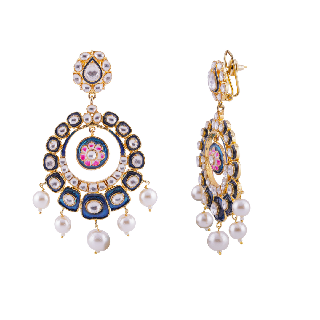 Jaipur Matt Floral Hand Painted Kundan Meenakari Chandbali Earrings|Ha –  Indian Designs