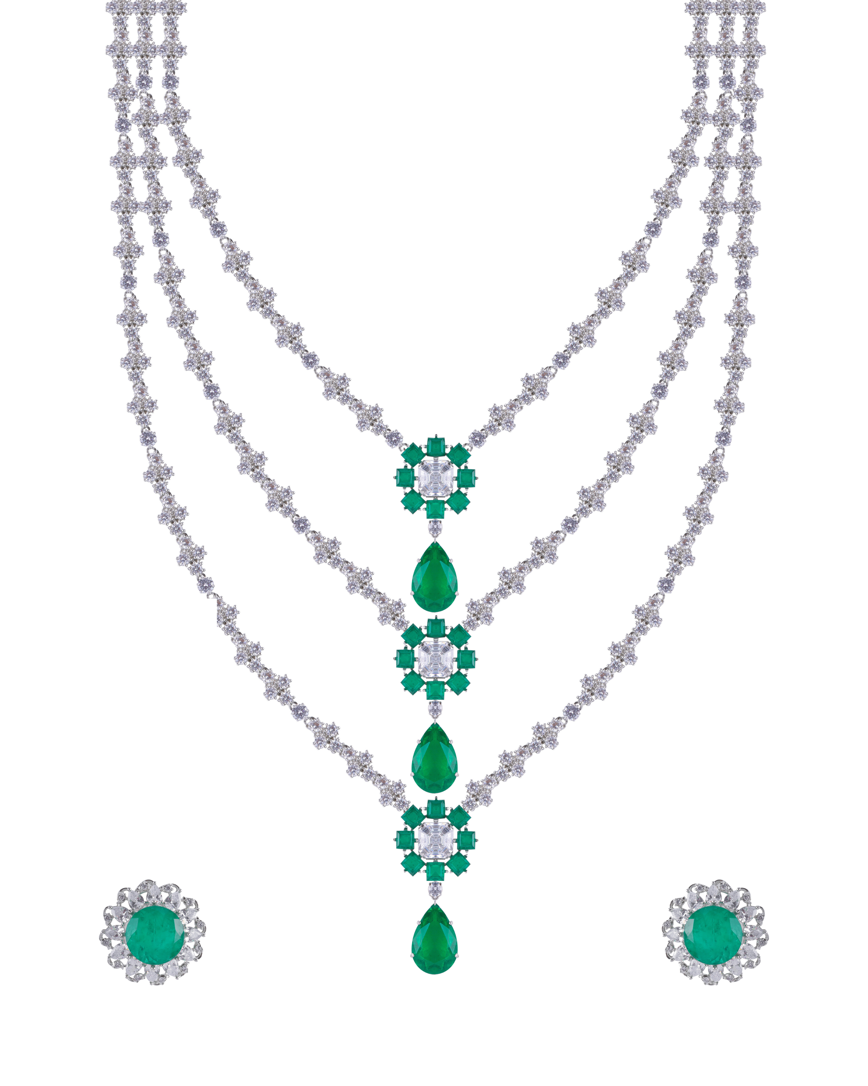 Emerald Flower & Drop Layered Necklace Set