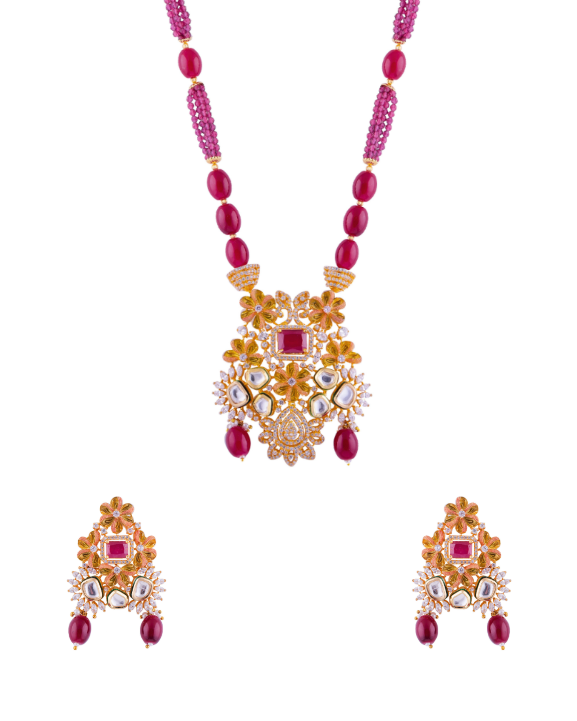 Radhika Traditional Flower Meenakari Kundan Pendant Set