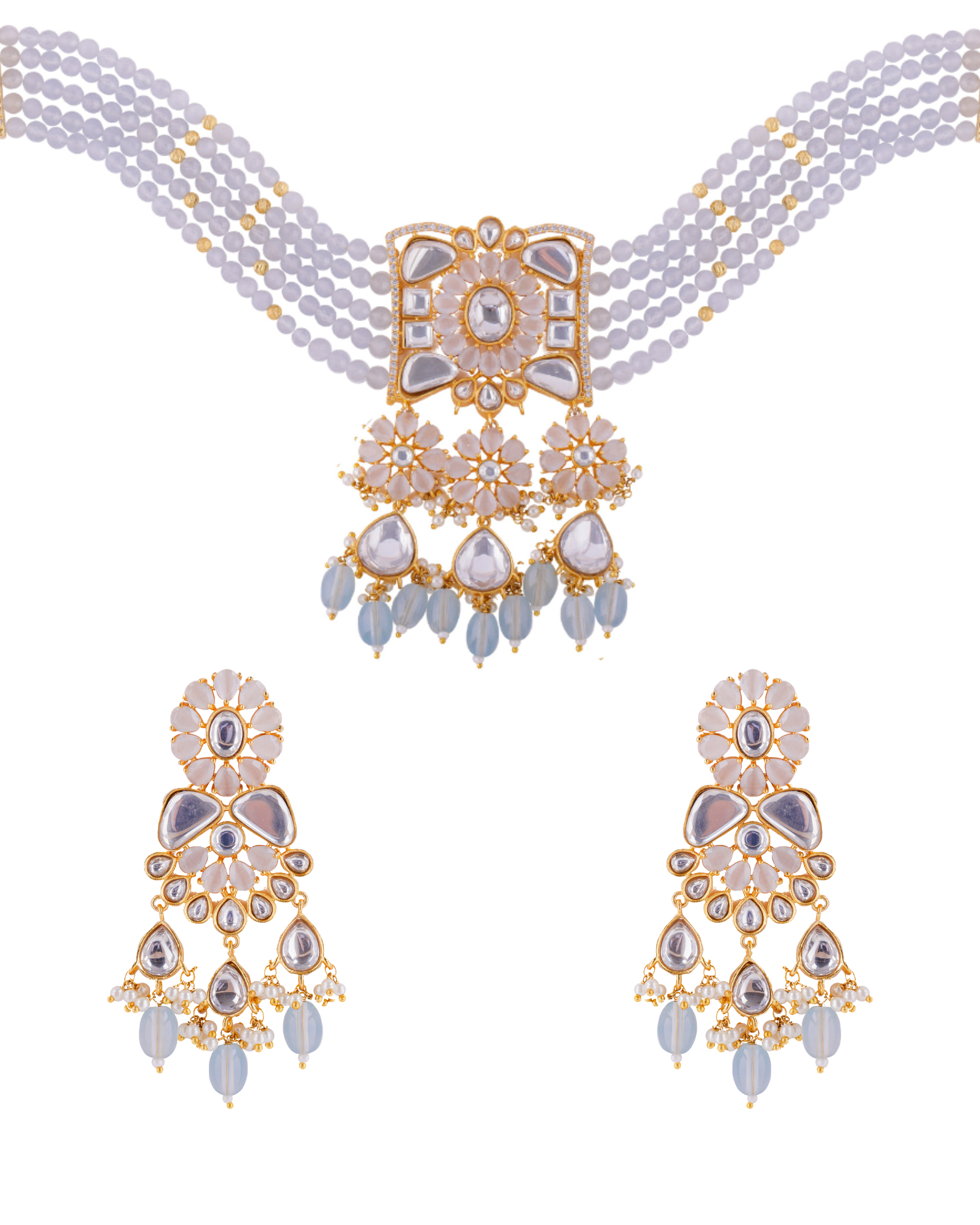 Radhika Grey Beads Kundan Choker Necklace Set