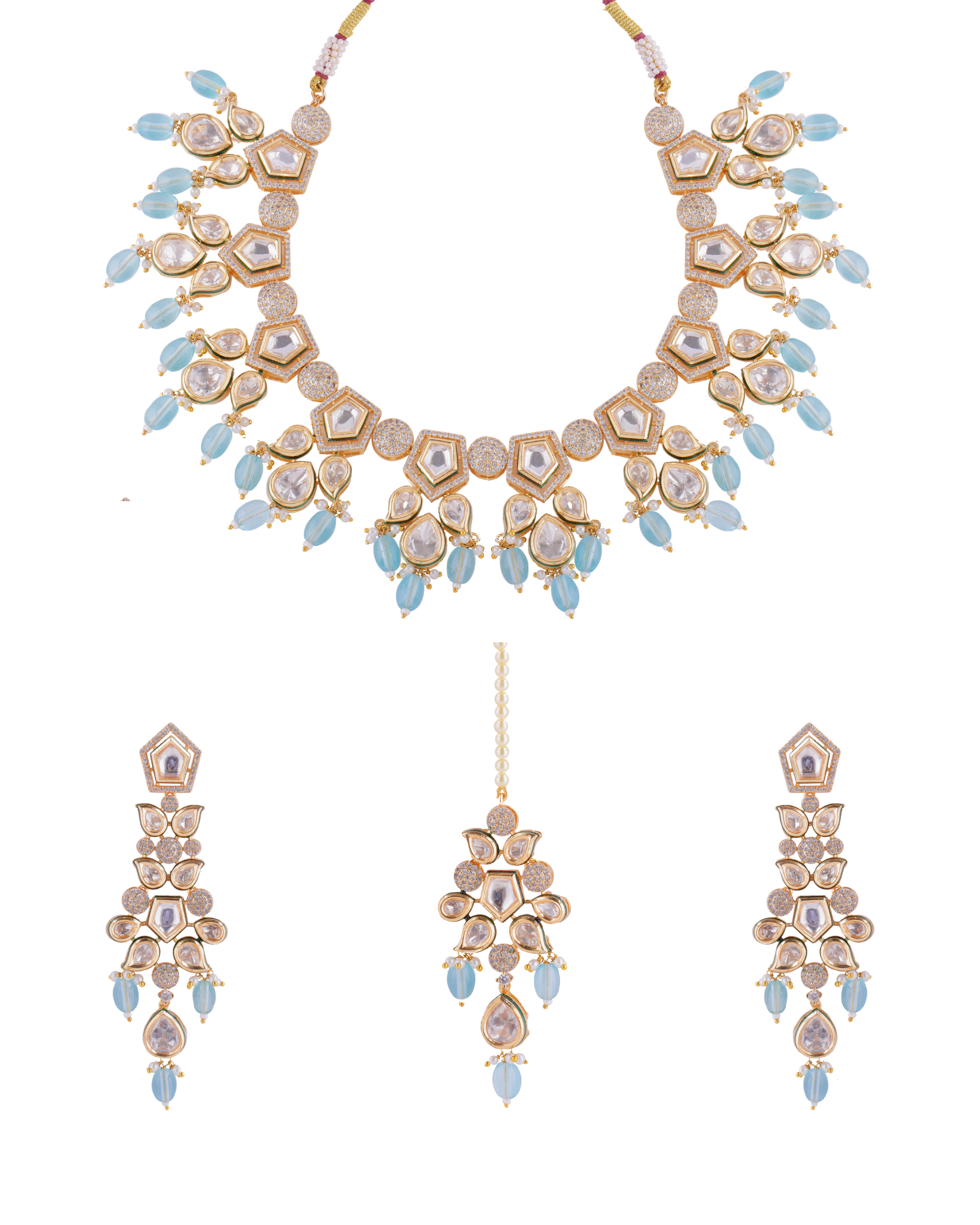 Radhika Kundan Zirconia Pastel Beads Bridal Necklace Set