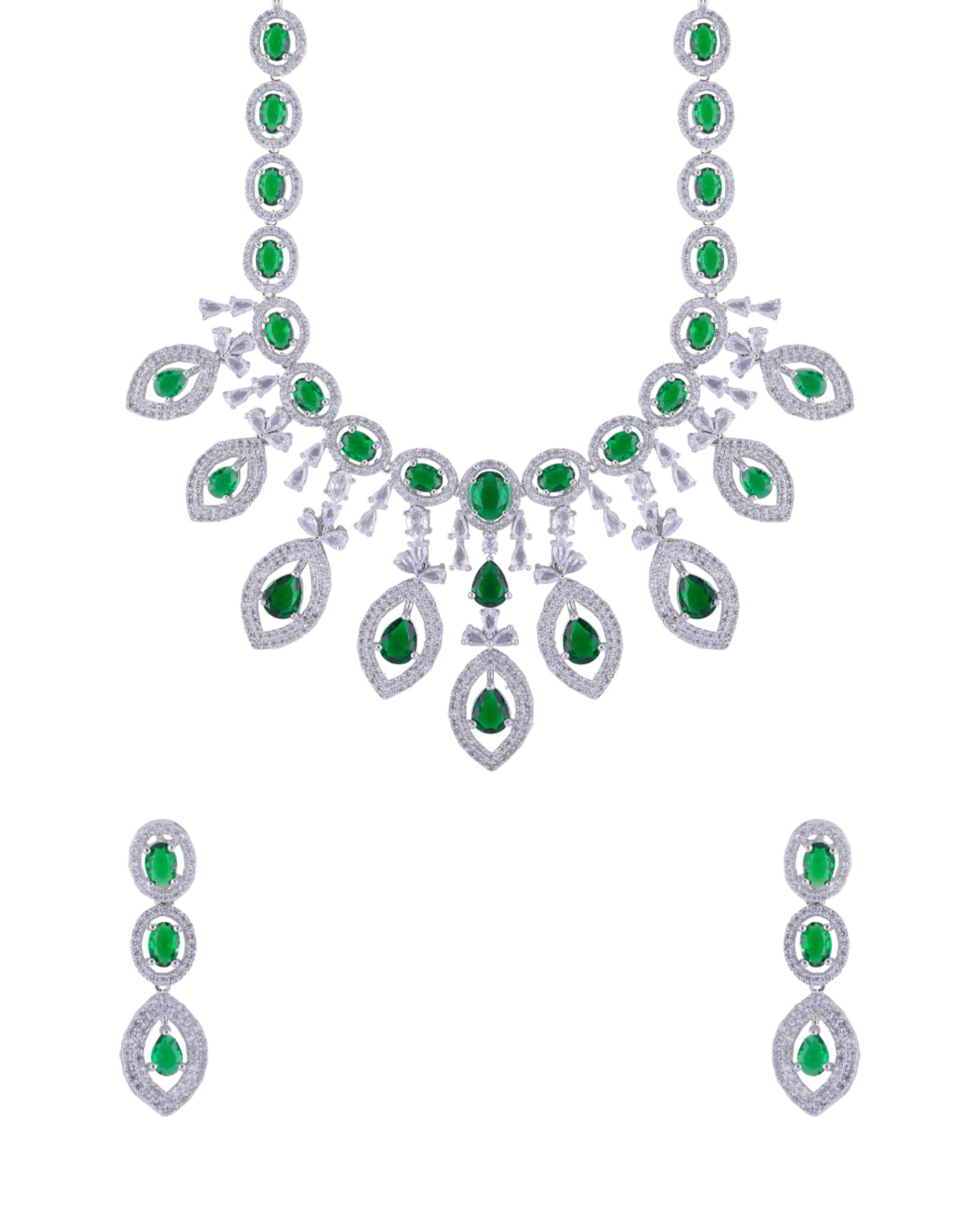 Designer Silver Plated Emerald Drop Necklace Set