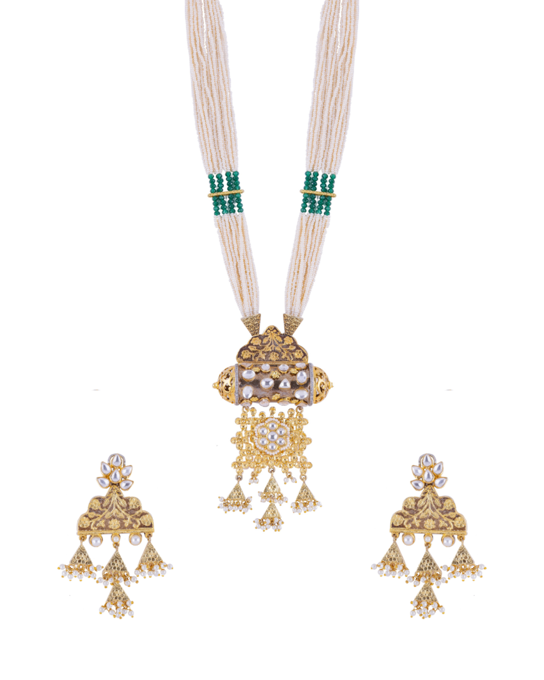 Traditional Gold Pendant Pearl Beads String Necklace Set