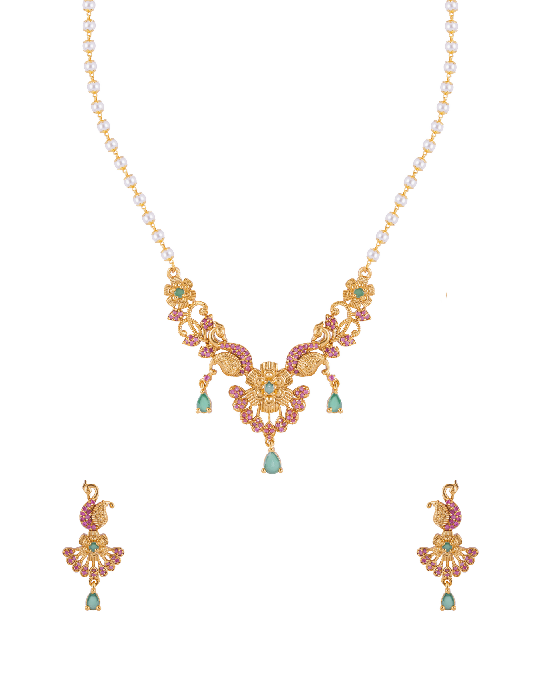 Traditional Antique Gold Pearl Maala Necklace Set