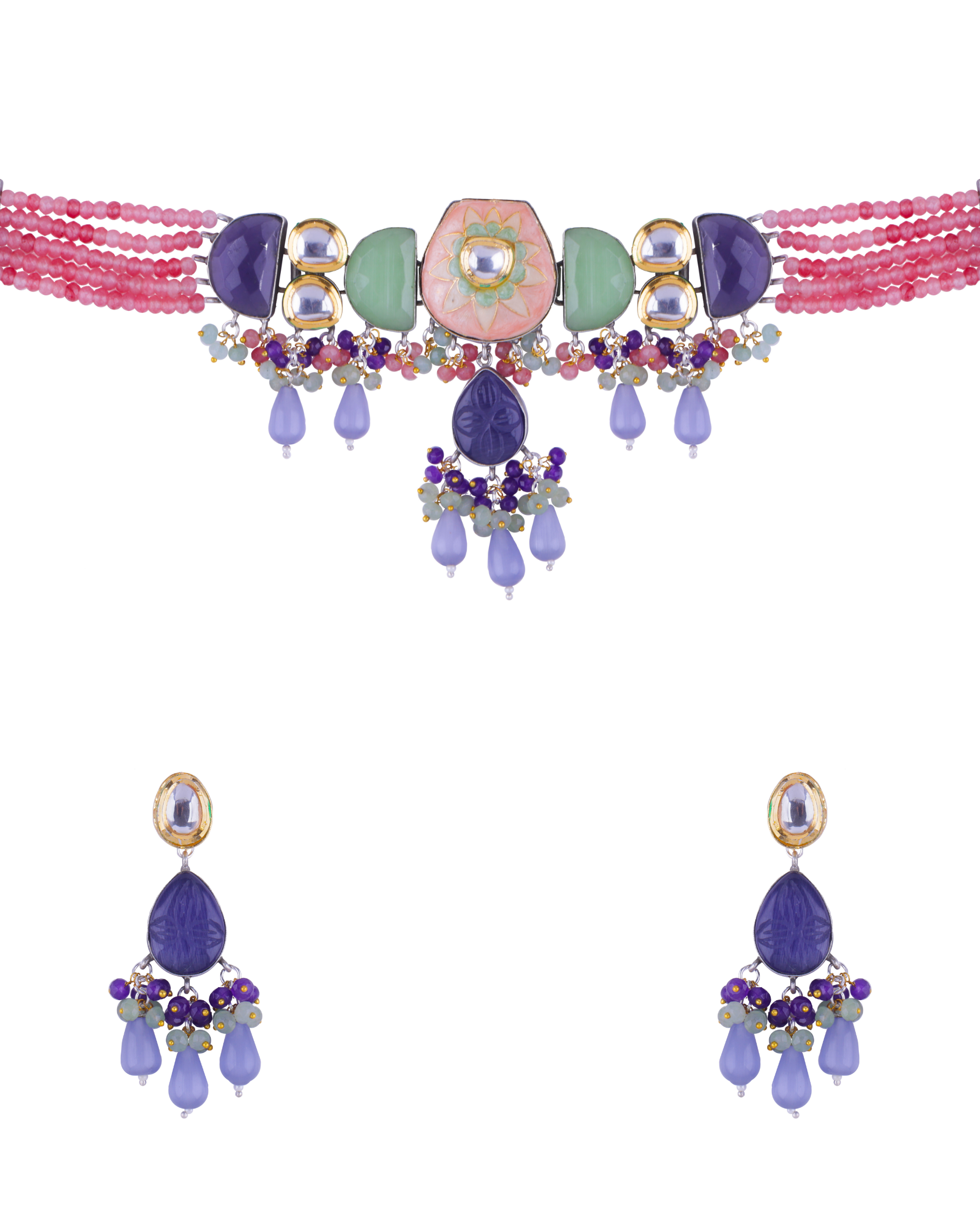 Pastel Pink & Purple Meenakari Choker Necklace Set