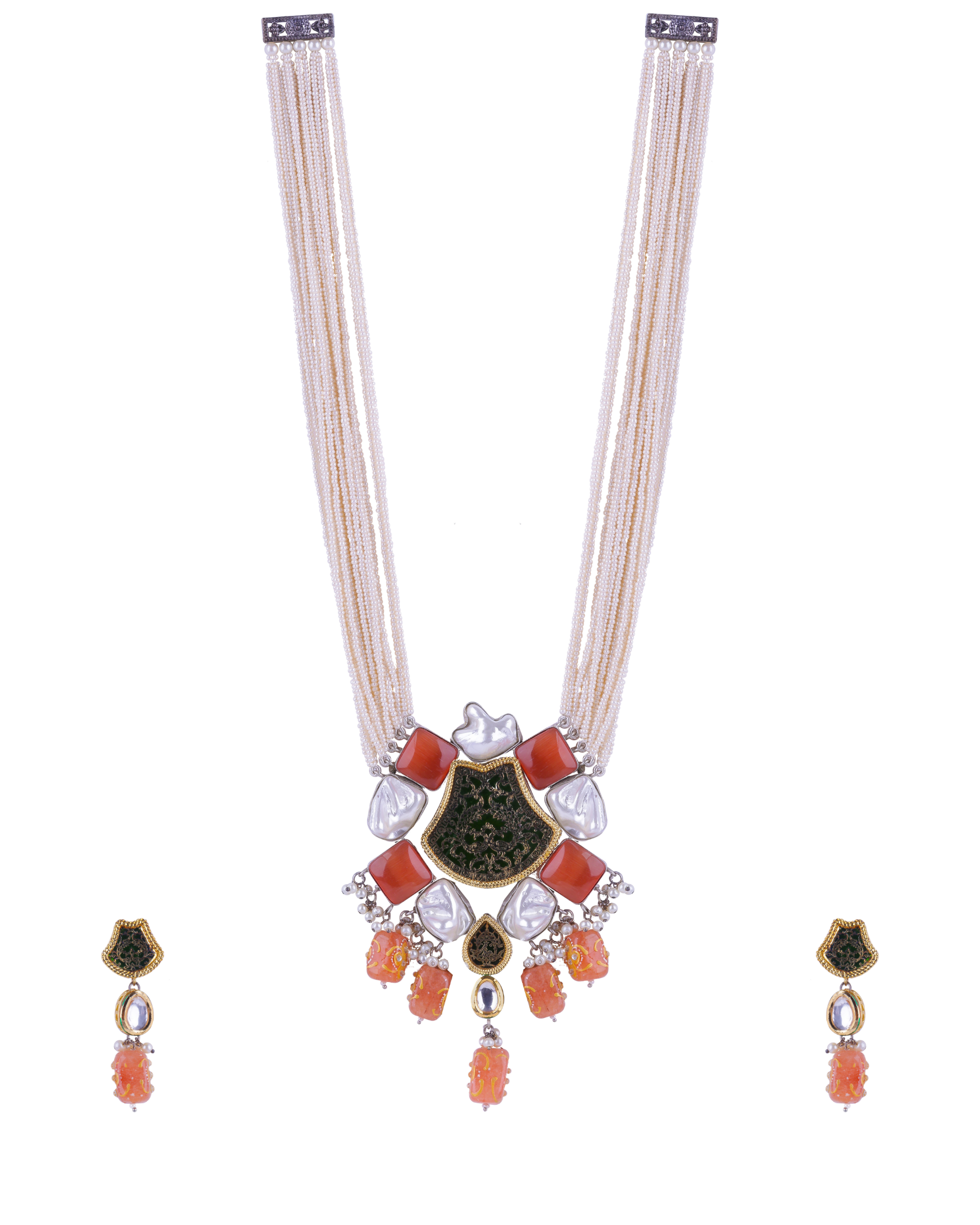 Orange Stone & Pearl Pendant Long Necklace Set