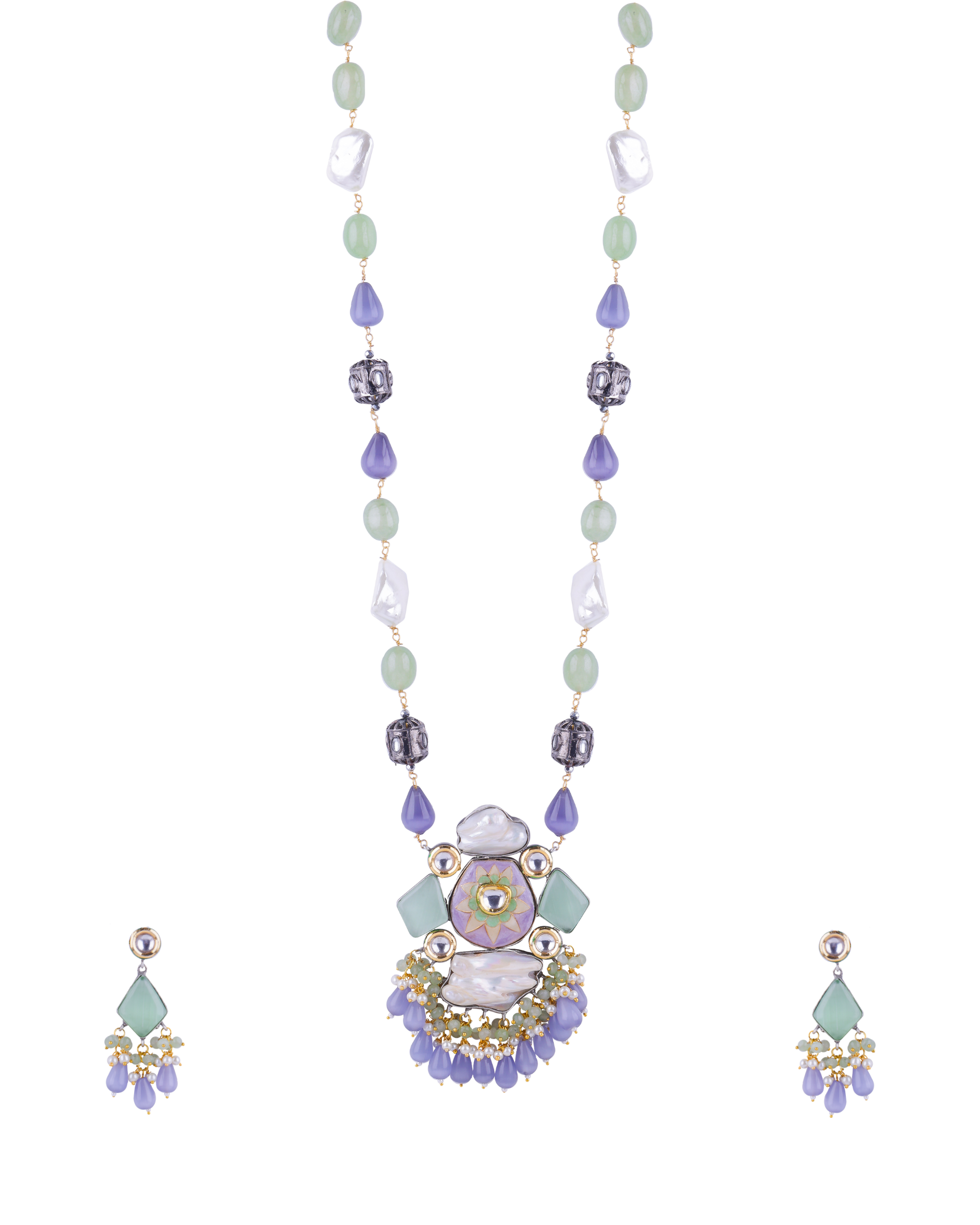 Pastel Stone & Pearl Pendant Long Necklace Set