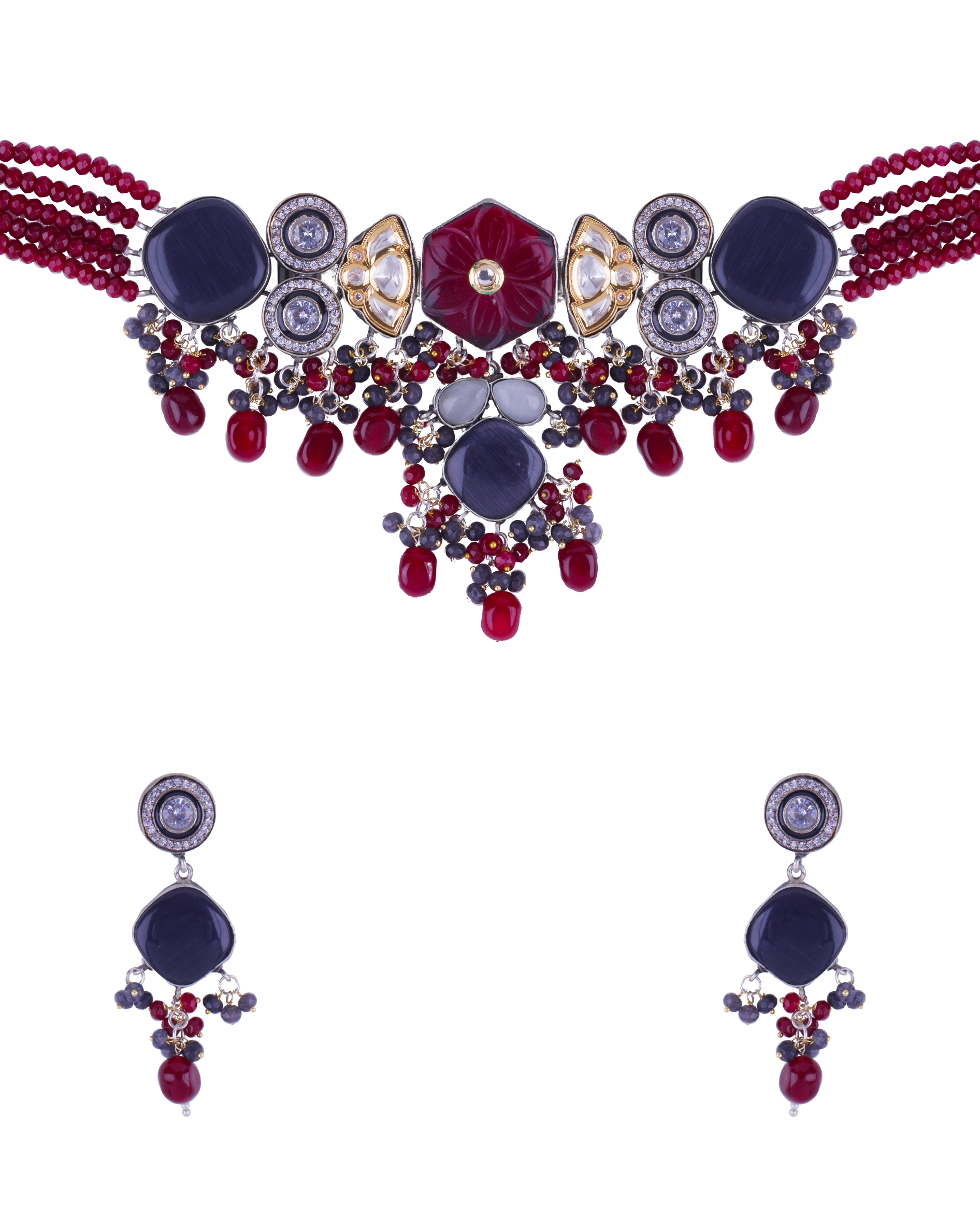 Traditonal Maroon & Black Stone Choker Necklace Set