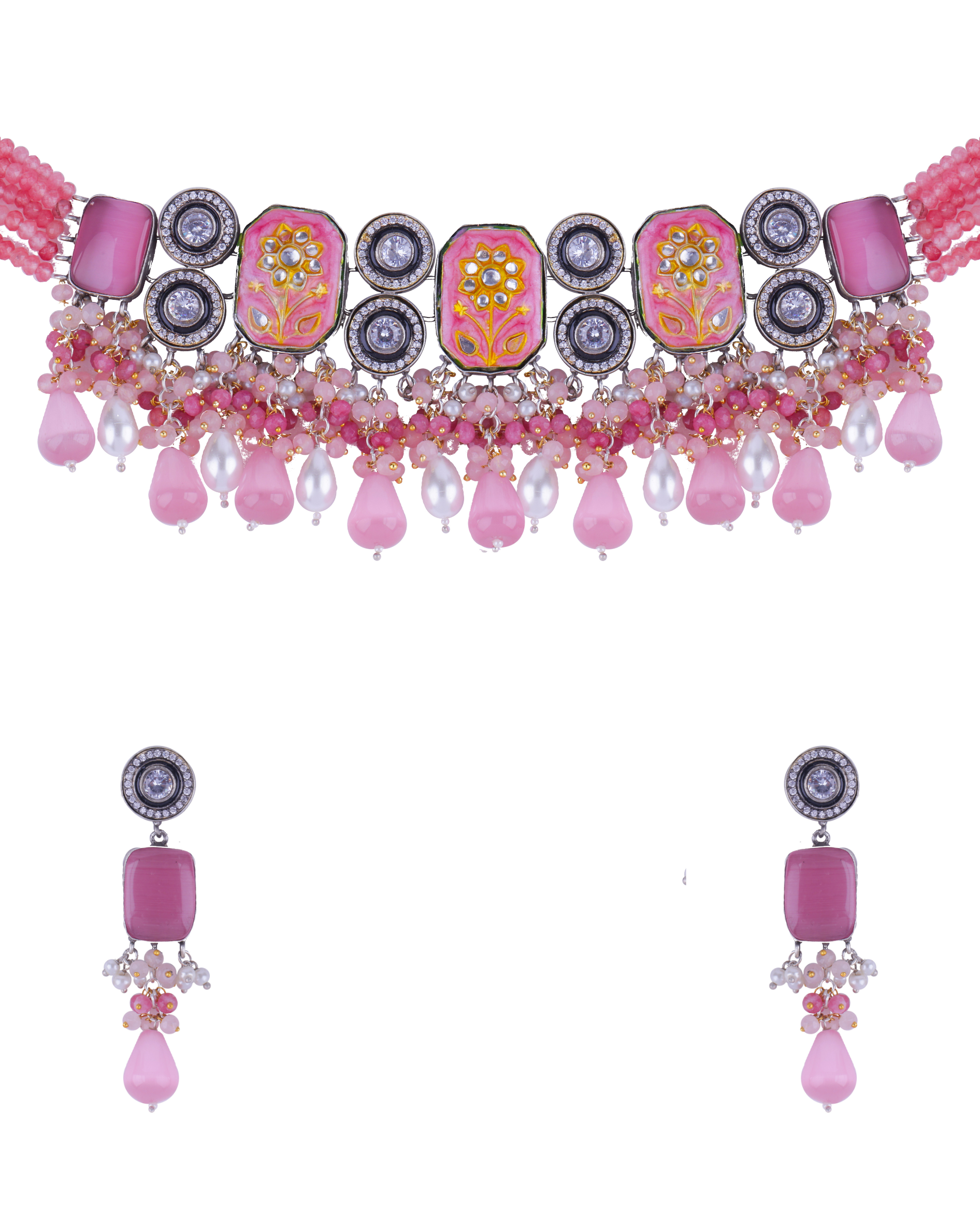 Traditional Pink Stone Meenakari Choker Necklace Set