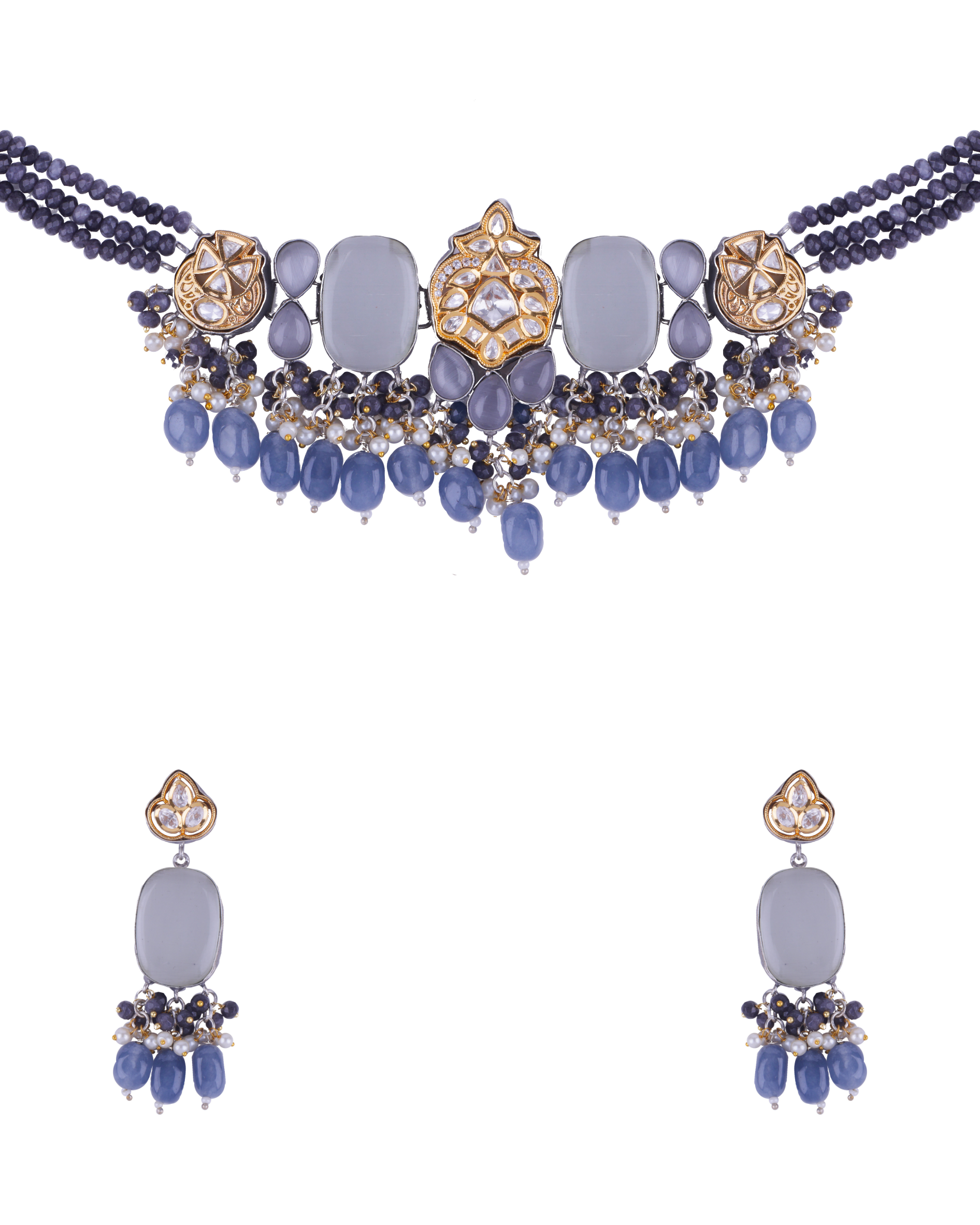 Traditional Grey Stone Kundan Choker Necklace Set