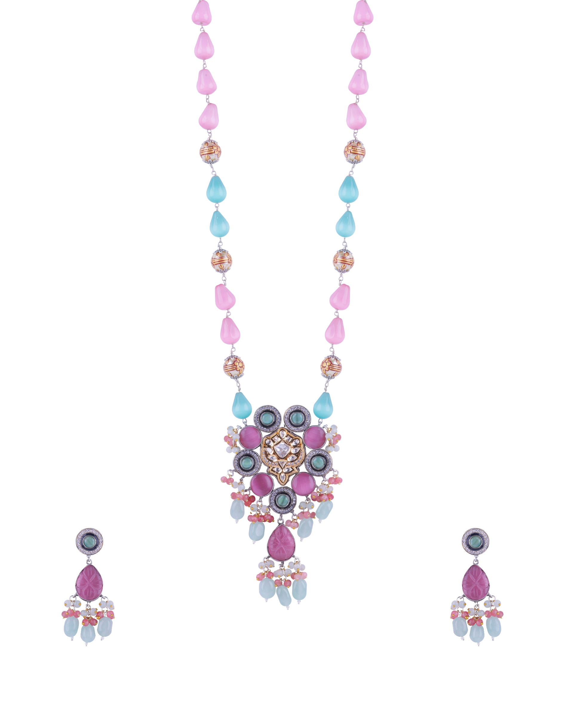 Traditional Pastel Beads Pendant Long Necklace Set