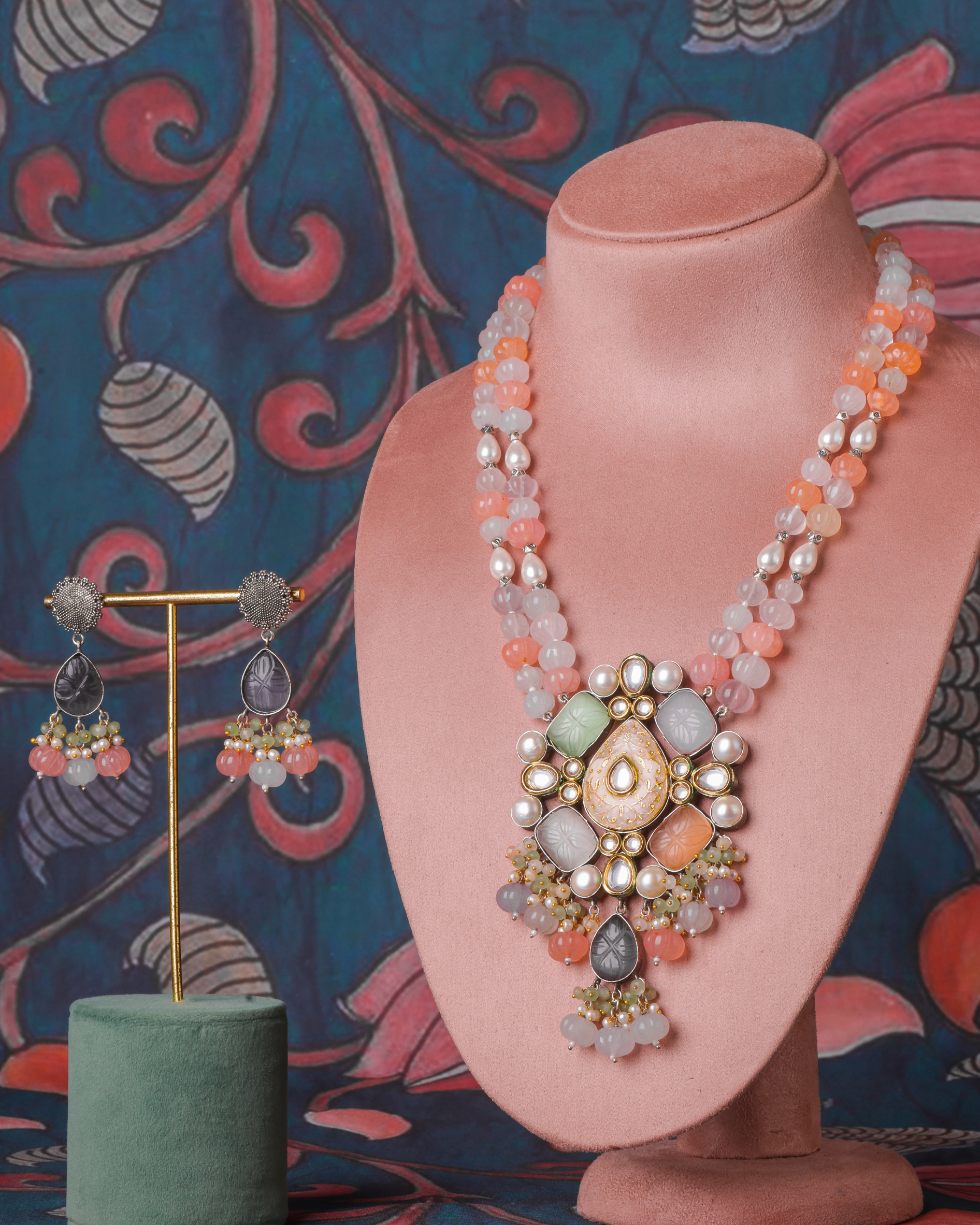 Pastel Beads Maala Pendant Long Necklace Set