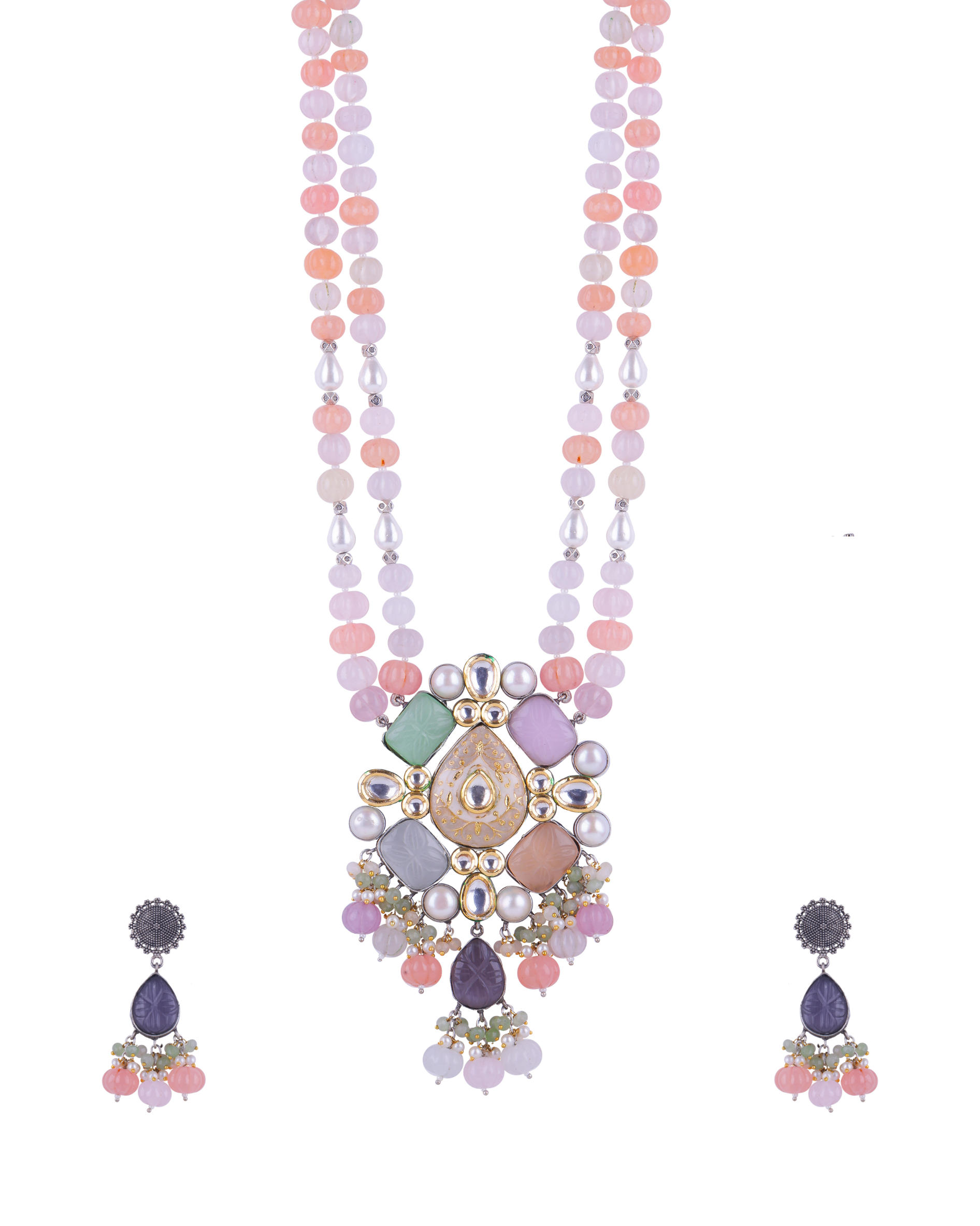 Pastel Beads Maala Pendant Long Necklace Set