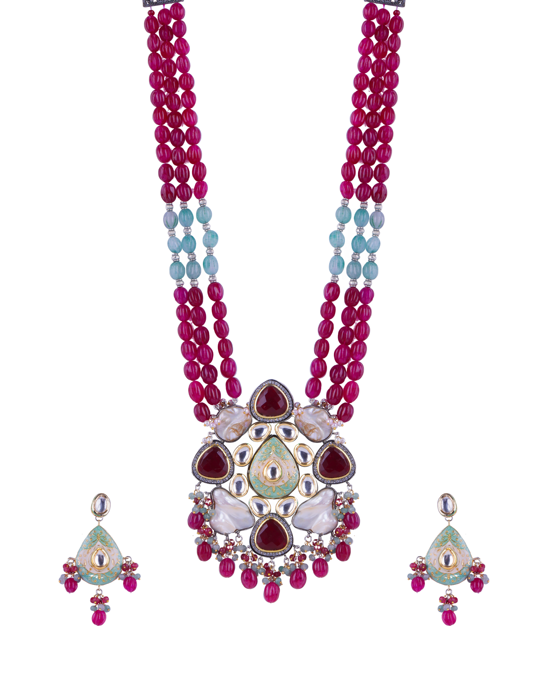 Maroon Stone & Pearl Pendant Long Necklace Set