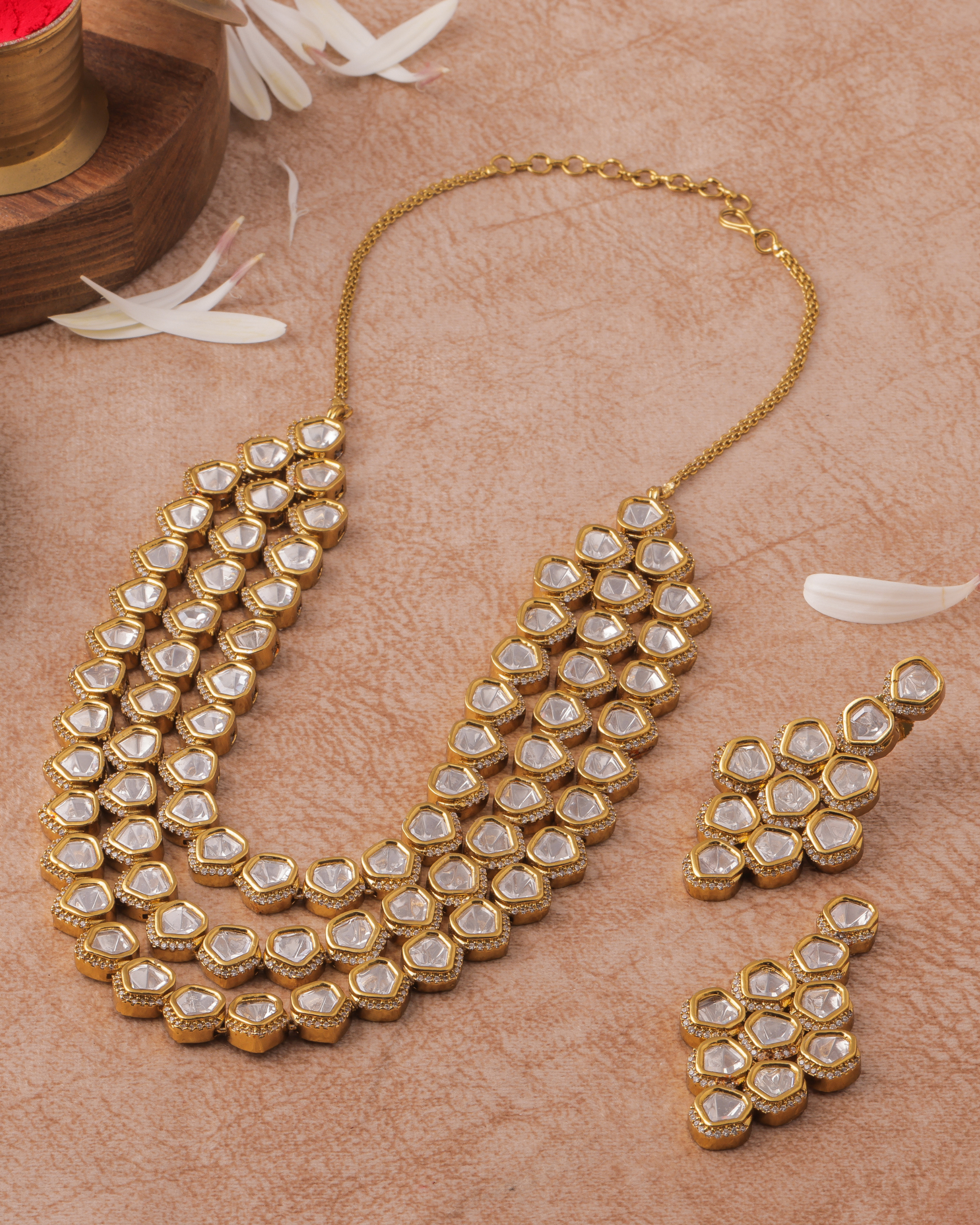 Traditional Triple Layer Polki Necklace Set