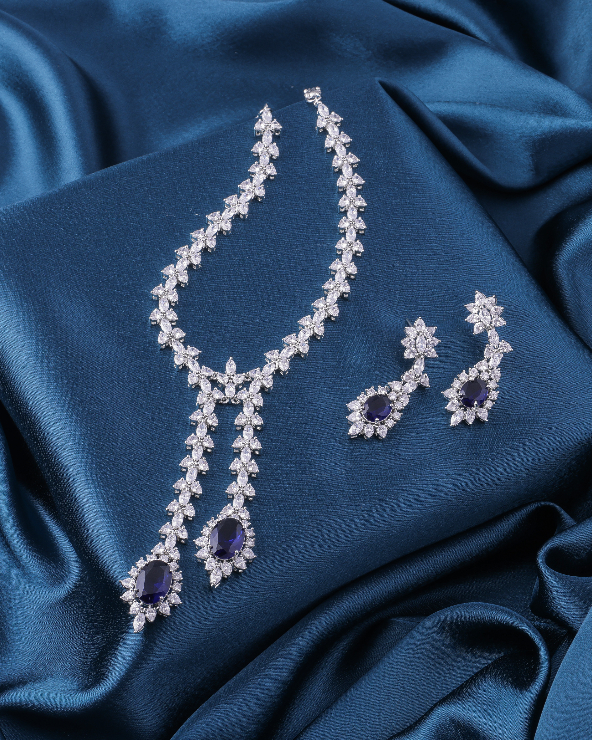 Blue Sapphire Double Drop Necklace Set