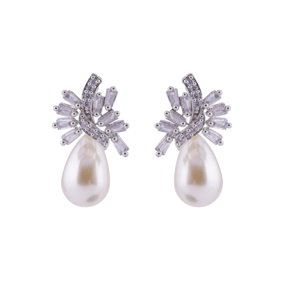 Silver Pearl Drop CZ Earrings