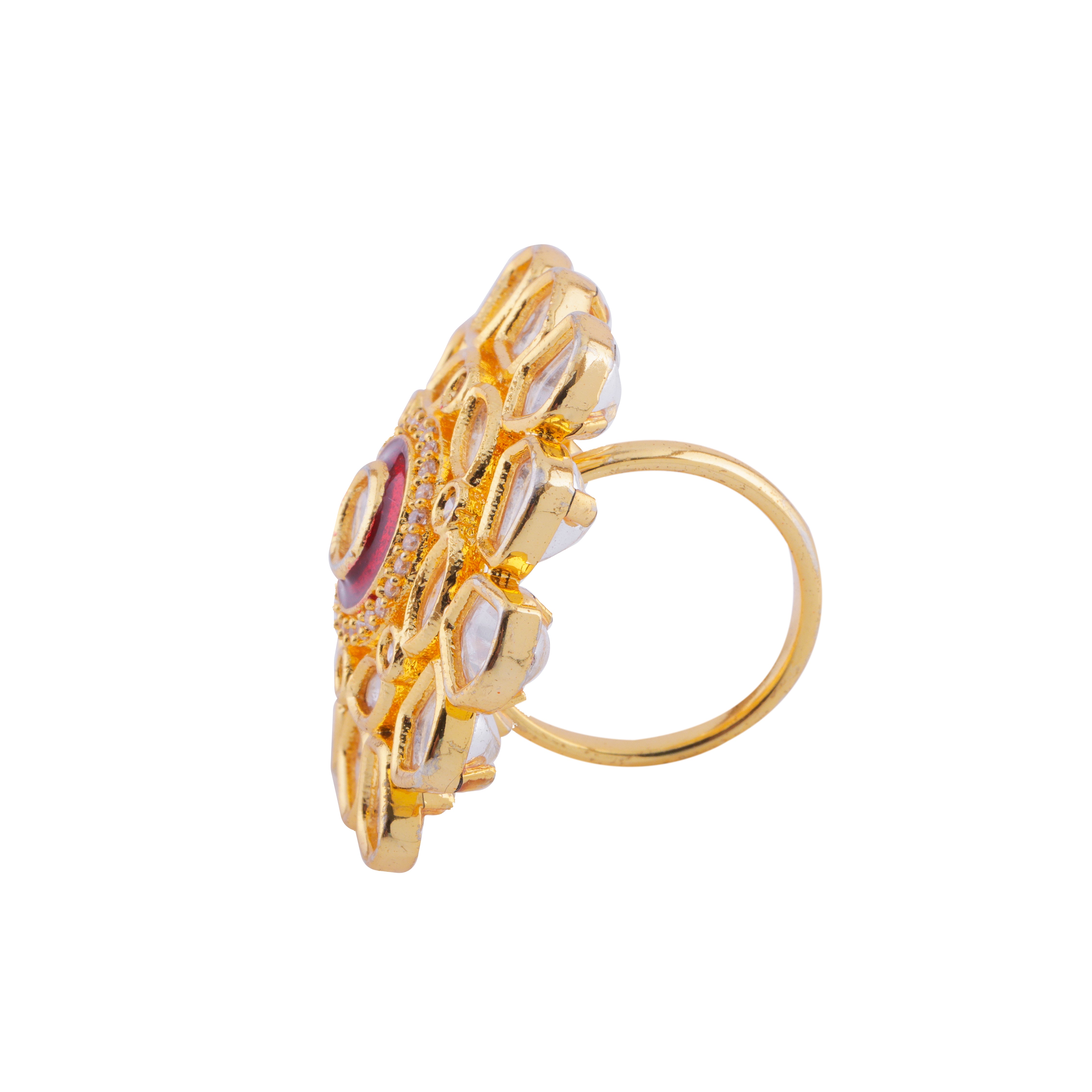 Gold Plated Red Enamel Kundan Ring